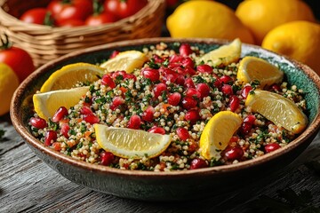 Vibrant quinoa tabbouleh salad with fresh pomegranate and lemon in rustic setting