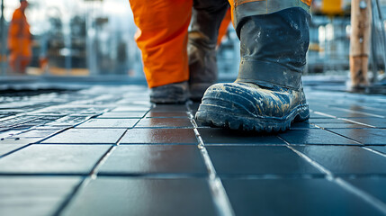Fototapeta premium Construction Worker Walking on Wet Surface