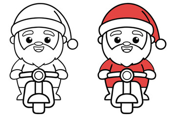 Animated Santa Riding Scooter, Black Outlines, Red Accents on White Background
