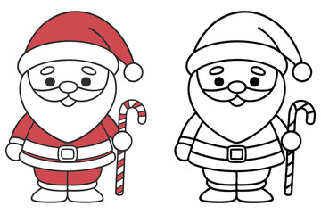 Cartoon Santa Claus Standing with Candy Cane Red, White and Black Outline Drawing