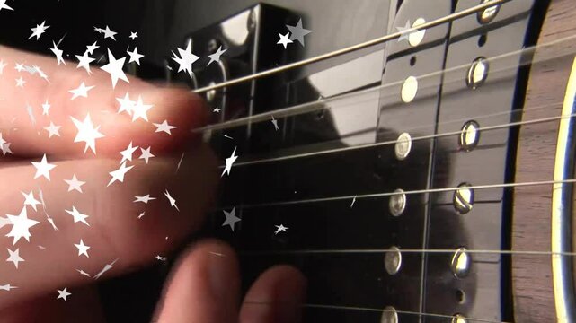 Electric guitar being played in flat design, showing fingers plucking strings under star overlay