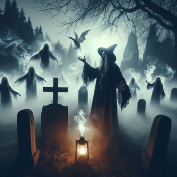 Necromancer Raising the Dead in a Cemetery A necro