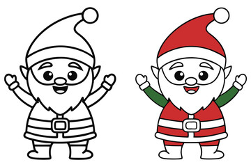 Cartoon Elf Waving Black Outline and One Color Cartoon Elf On White Background