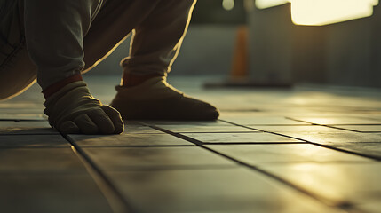 Fototapeta premium Person Standing on Tiled Floor with Rolled-Up Pants