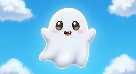 Obraz premium Cute Cartoon Ghost Flying in a Blue Sky with Clouds