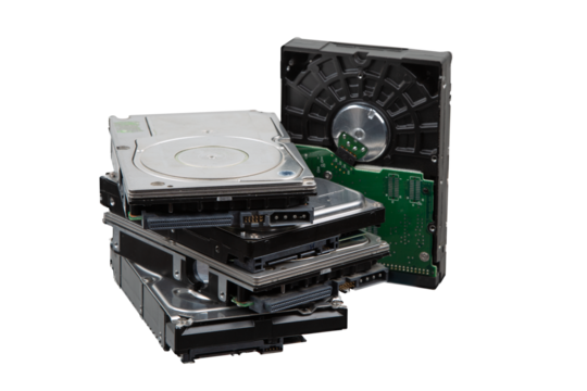 Stack of old hard disk drives and opened HDD case, isolated on transparent background. - Powered by Adobe