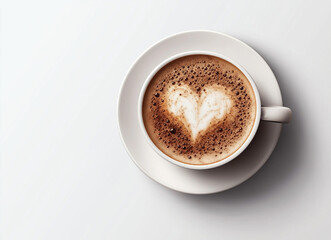 Top View Coffee Cup with Heart Latte Art Isolated on Transparent Background
