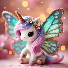 A tiny unicorn with butterfly wings and a sparklin