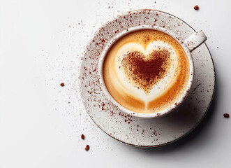 Top View Coffee Cup with Heart Latte Art Isolated on Transparent Background