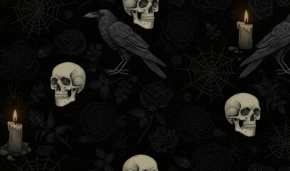 A vintage gothic-style Halloween seamless pattern featuring ravens, skulls, spider webs, and black roses, ideal for dark-themed designs.
