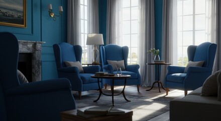 Sunlit Blue Living Room with Wingback Chairs and Marble Fireplace