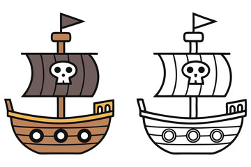 Flat Cartoonish Pirate Ship Design with Skull Sail and Outline Version Isolated