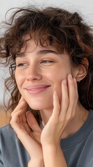 Happy Young Woman with Curly Hair Touching Her Face.