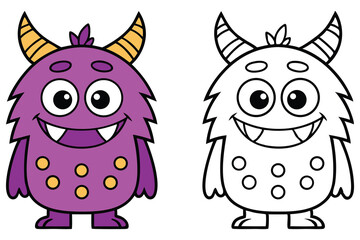 Cute Purple Monster with Yellow Spots and Horns, Line Art Version