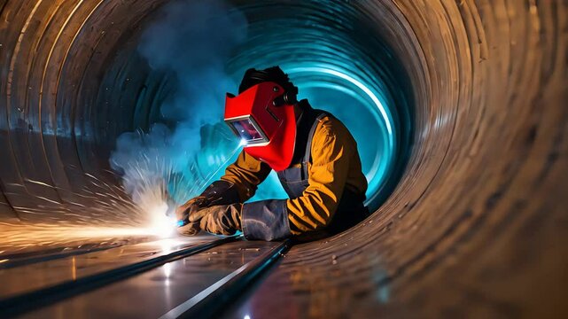 Welder working inside a large pipe, wearing protective gear and welding metal, with bright sparks and smoke creating a dramatic industrial scene.


