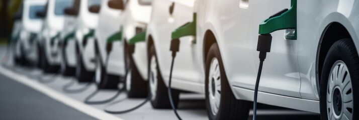 Obraz premium Electric Vehicles. Electric Car. Electric Vans Charging at Station. Eco-Friendly Transportation Concept with Copy Space. Row of Electric Delivery Vehicles Being Charged. Clean Energy Mobility.