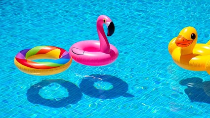 Colorful Inflatable Pool Toys Floating on Clear Blue Water, AI Generated