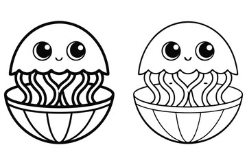 Jellyfish Cartoon Characters with Cute Eyes and Tentacles in Black Outline on White