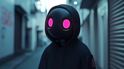 Digitally rendered figure in urban alleyway setting.