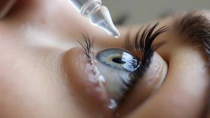 Close-up of an eye with a dropper applying eye drops for medical treatment and eye care.