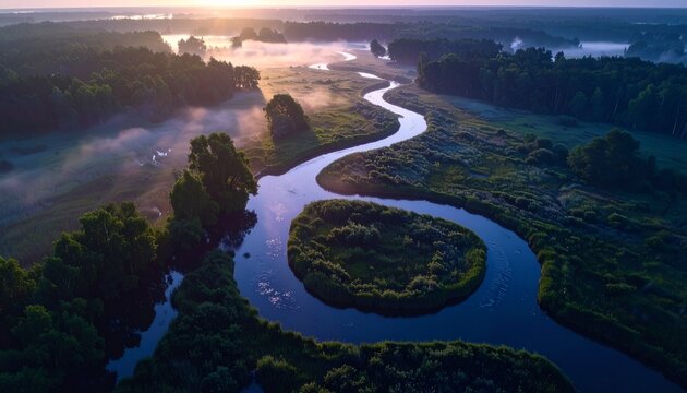 CR&iacute;o brumoso que serpentea a trav&eacute;s de exuberantes humedales verdes al amanecer, fotograf&iacute;a hiperrealista,