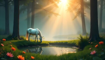A beautiful forest scene. Tall trees with their trunks reaching up towards the sky. The trees are covered in a thick layer of fog, creating a mysterious and ethereal  atmosphere. 