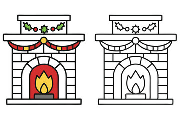Cartoon Fireplace Art with Brick, Flame, and Holiday Decoration Elements