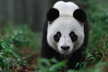 Fototapeta premium Black and white panda walking through lush green forest in the wild during daytime