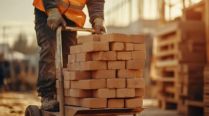 Construction Worker Moving Bricks on a Hand Truck