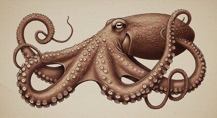 Obraz premium Octopus Illustration Detailed Brown Sea Creature with Curled Tentacles