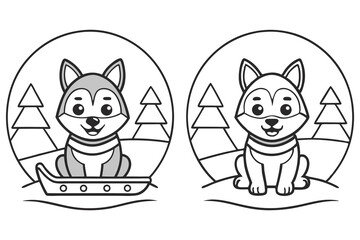 Two monochrome husky coloring page sitting by spruce tree in with outline