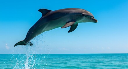 Naklejka premium A majestic dolphin soaring through the air above the ocean's shimmering surface.