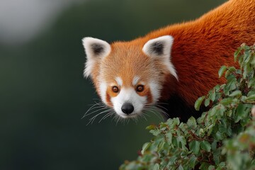 Obraz premium Red panda observes its surroundings in a lush green habitat at dawn