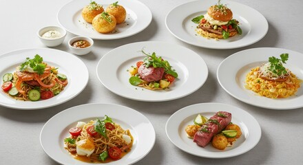 Several plates of gourmet food are arranged on a white surface.