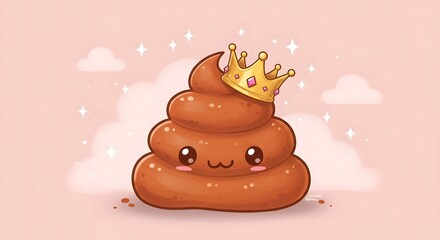 Cute Poop Emoji Wearing Golden Crown Cartoon Illustration on Pink