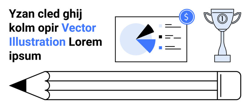 Pencil, pie chart with financial indicator, and trophy icon for creativity, productivity, achievement, or data-driven success. Ideal for business concepts, productivity tips, financial tools
