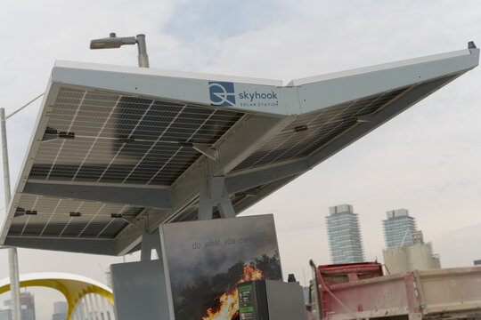example of Skyhook, a modular solar-powered station, composed of bifacial solar panels designed for maximum efficiency on Cherry St  (view north)
