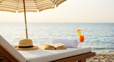 A scenic beach vacation with a refreshing cocktail, hat, book, and umbrella, by the calm sea.