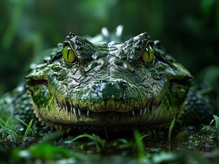 Obraz premium Close-Up of Caiman Head in Green Environment