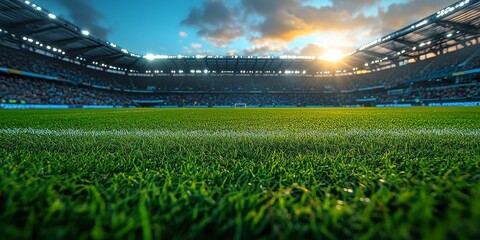 Lush green soccer field at sunset,  center of a packed stadium with bright lights and a blurred crowd in the background.