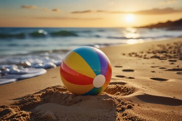 Obraz premium Beach Ball at Sunset on Sandy Shore
