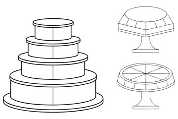 Outline Tiered Cake and Cake Stands on White Background Design