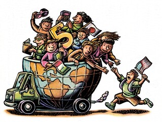 Obraz premium globe truck filled with international child students reach to raise american student on to the bus