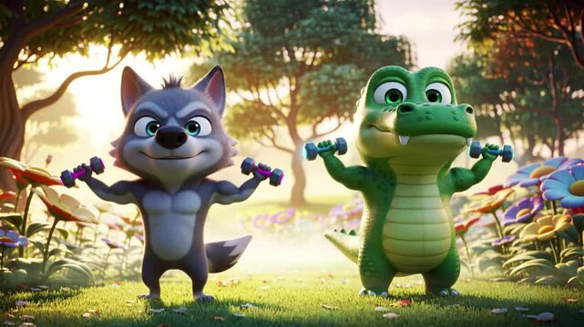 Cartoon Wolf and Crocodile Lifting Weights Together in a Sunny Field