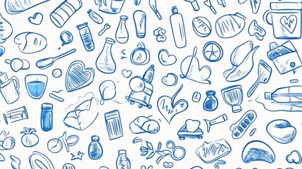 Blue doodle kitchen pattern; food, utensils, hearts; white background; website design