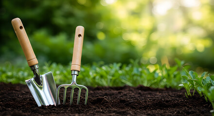 Garden Trowel and Hand Rake in Rich Soil with Seedlings – Eco-Friendly Gardening Tools Concept