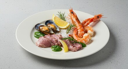 Seafood platter on white plate includes shrimp mussels tuna and lemon slices.
