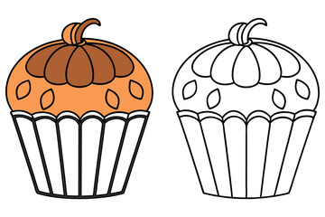 Halloween Pumpkin Cupcake Illustration, Orange, Brown, Coloring Page, White Background