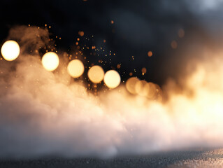 Glowing light bokeh with mist and smoke creating warm, dreamy atmosphere with subtle sparkling particles