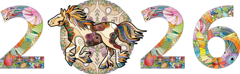 Zentangle stylized number 2026 with horse. Hand Drawn lace vector illustration